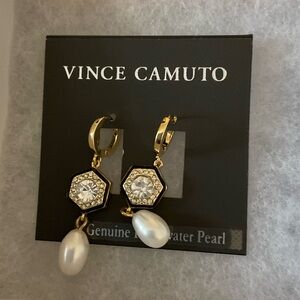 Vince Camuto Gold and White Pearl Dangle Earrings New